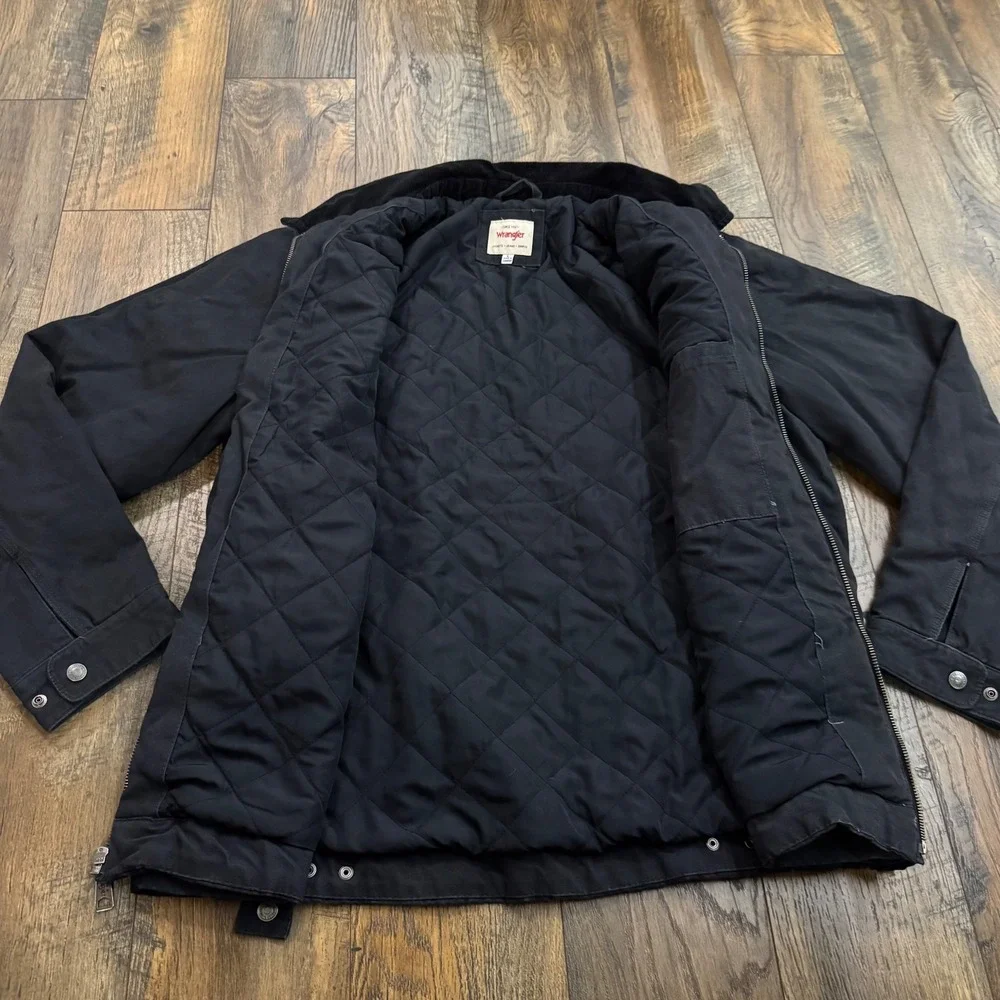 Wrangler Mens L Black Canvas Work Jacket Quilted Corduroy Lined Collar Cowboy